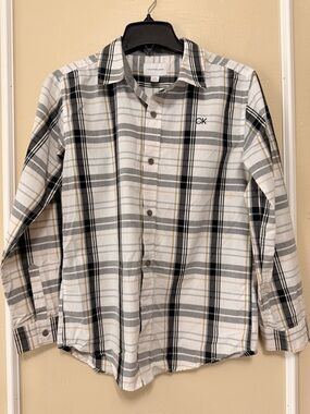 Calvin Klein Jeans Plaid Button-Up Shirt in Black, Gray & Cream